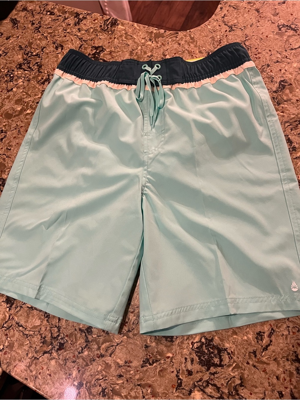 Small Men's Mint Green Board Shorts with Navy Elastic Waistband Swim Trunks